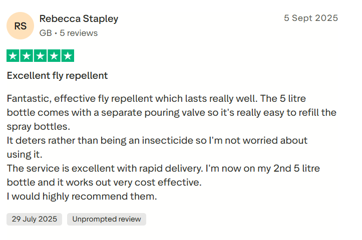 Customer feedback graphic about United Equine Products fly repellent