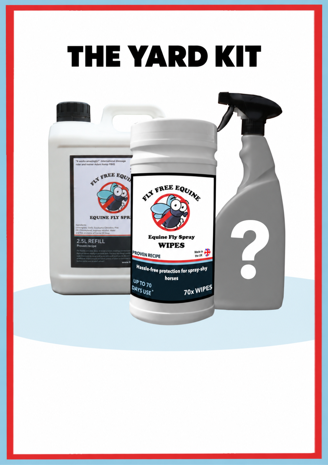 The Yard Kit bundle graphic with fly repellent refill, wipes and a placeholder for the selected product