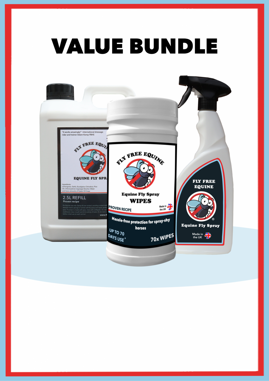 Value Bundle graphic with fly repellent spray, refill and wipes