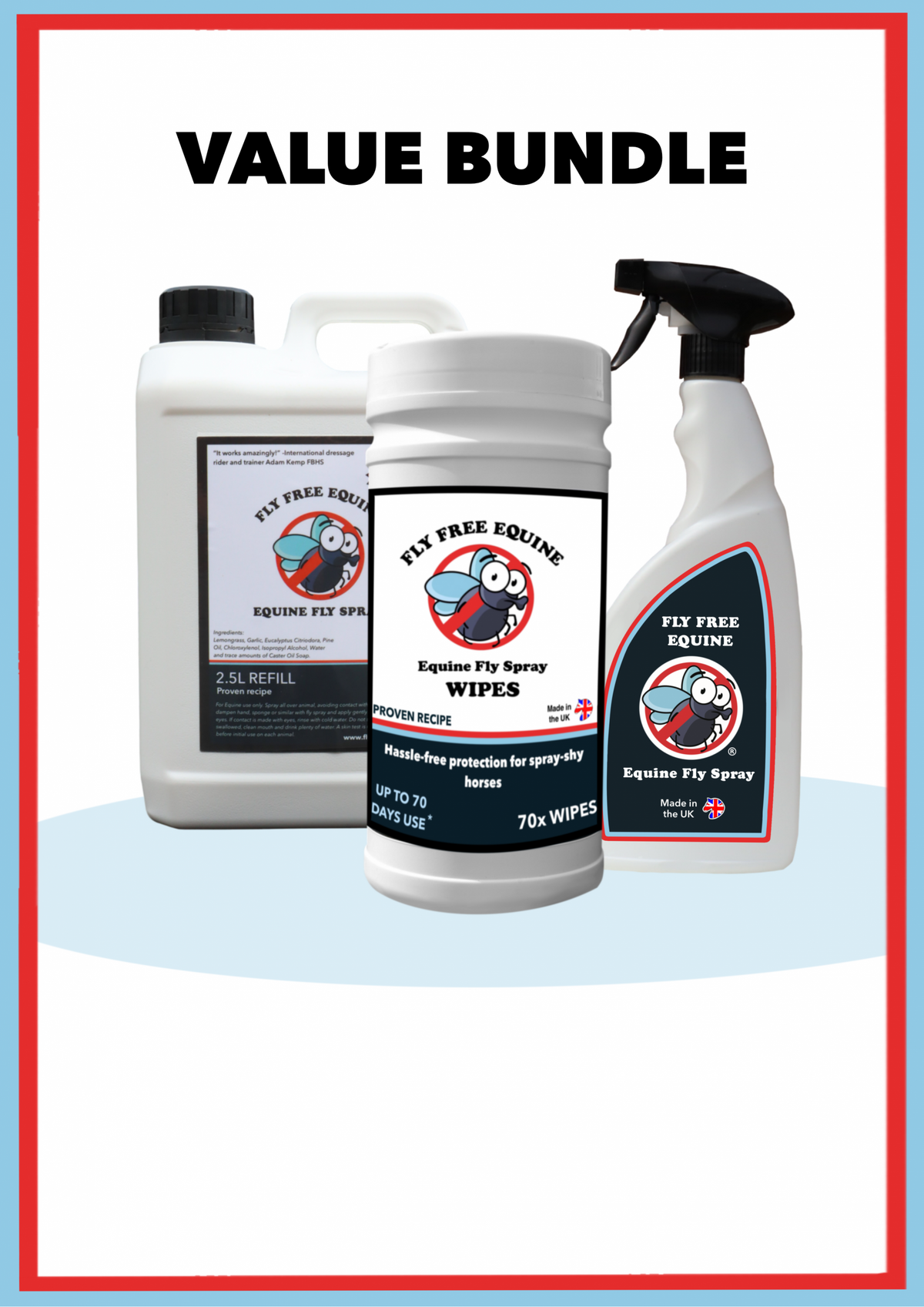Value Bundle graphic with fly repellent spray, refill and wipes