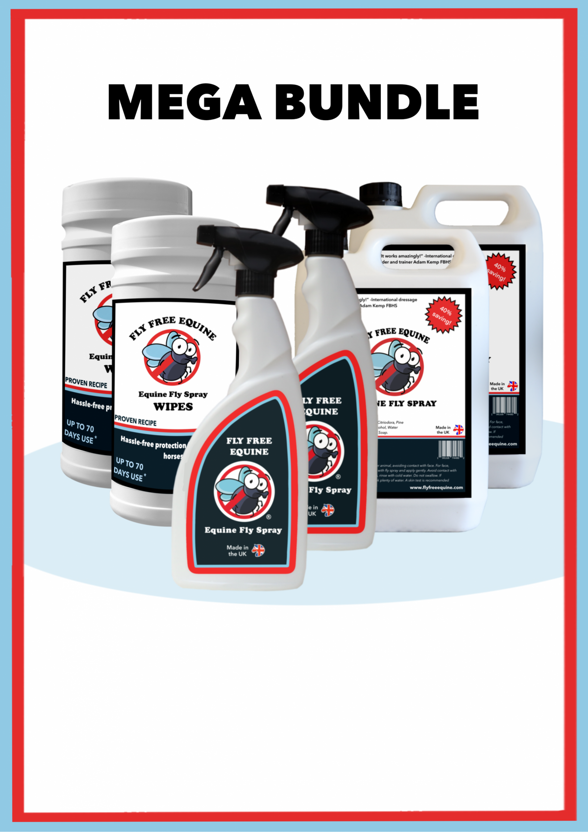 Mega Bundle graphic with fly spray, refills and fly repellent wipes