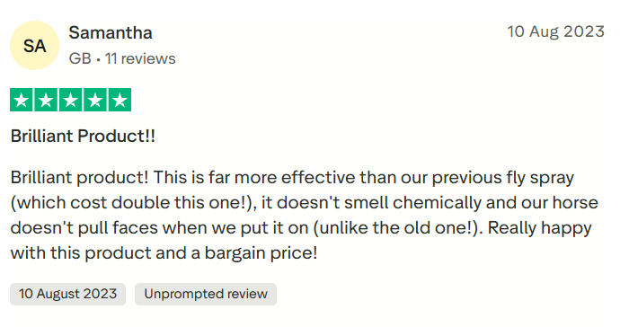 Customer testimonial graphic about United Equine Products fly repellent